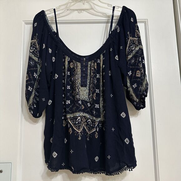 Ecote Blouse, Bohemian, Navy Blue, Off the Shoulder, Flowy, Medium - Picture 1 of 11